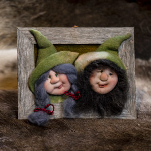 Wooden picture frame with elves Liisa & Matti. Wooden frame, 100% merino wool.