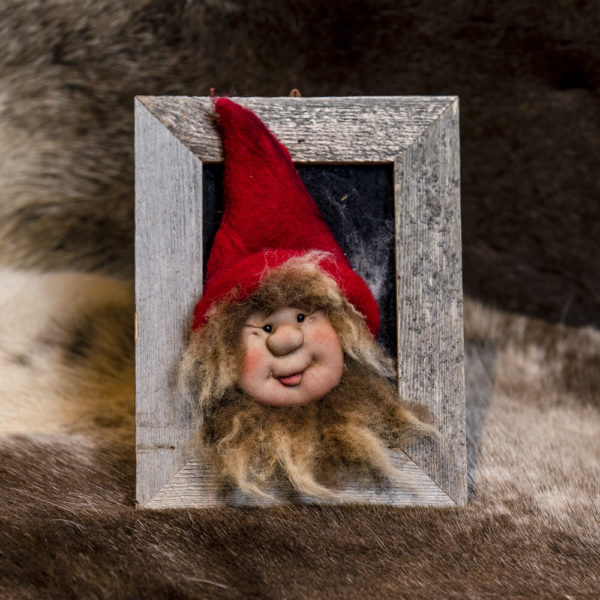 Wooden picture frame with elf Hannu. Wooden frame, 100% merino wool.