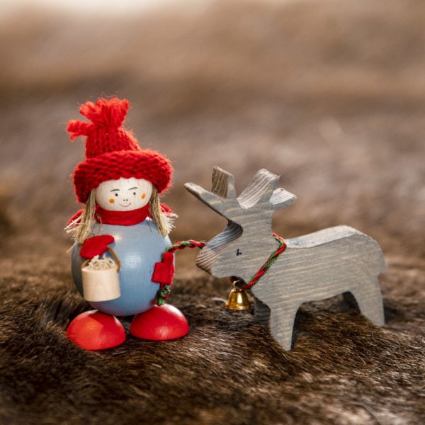 Wooden Elf Figurine Joanna with Reindeer. Height 7 cm.